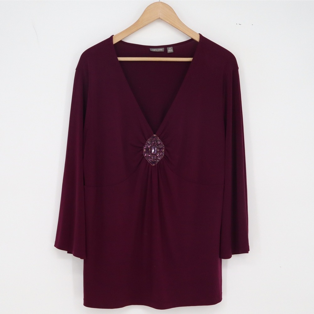 Apt. 9 Blouse Womens 1X V-Neck Burgundy Rhinestone Medallion Stretch Excellent